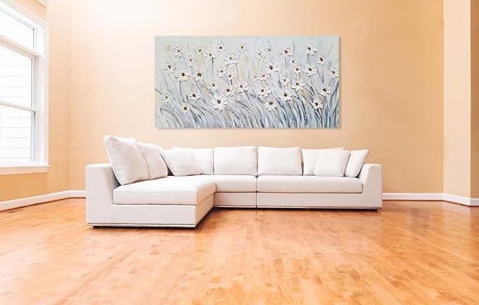 SYGALLERIER 3D White Floral Large Canvas Wall Art Hand Painted Textured Wall Art Modern Abstract Painting Aesthetic Pictures for Living Room Bedroom Bathroom Decoration
