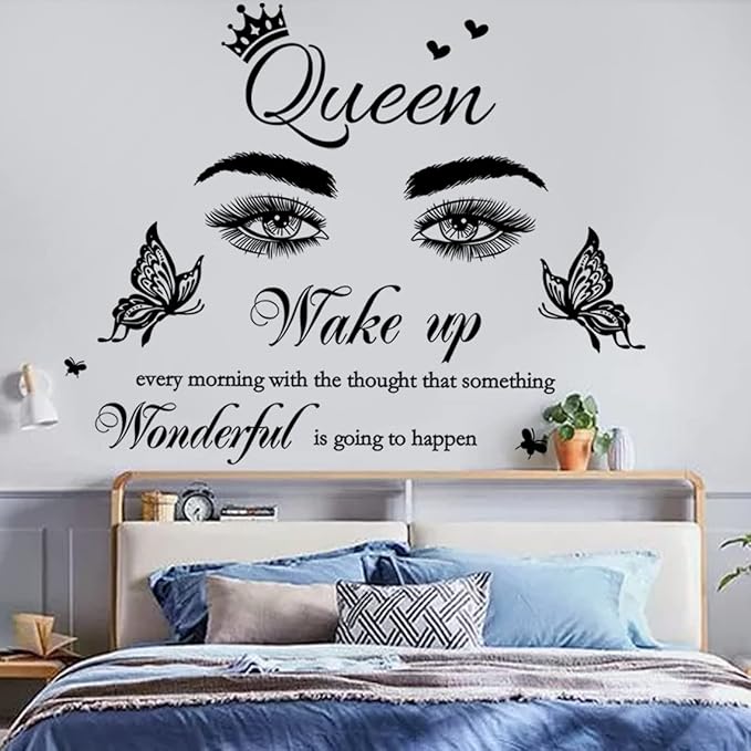 Inspirational Quote Wall Decal Wake up Every Morning with The Thought That Something Wonderful is Going to Happen Vinyl Beauty Eyes Wall Sticker Removable Motivational Art Letters Queen Decals for