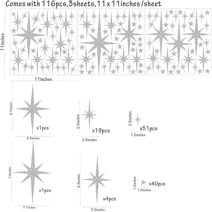 Retro Starburst Wall Decals Star Wall Stickers Atomic Star Walls Decals Geometric Walls Decor Modern Nursery Decor Peel and Stick Stars(116pcs)