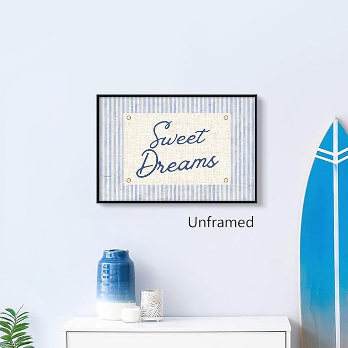 Jiaoweibao Sweet Dreams Canvas Wall Art, Navy Blue Stripes Positive Quote Poster, Sweety Daily Reminder Above Bed Wall Decor, Modern Inspiring Uplifting Typography Print for Bedroom 16x24in Unframed