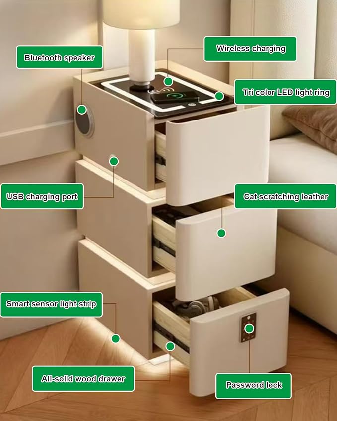Smart Narrow Nightstand with 3 Drawers 11.8" W x 15.7" D x 25.2" H, Charging Nightstand, Modern Leather Bedside Table, Password Lock, LED Sensor Light, USB Port (3 Drawers, White)