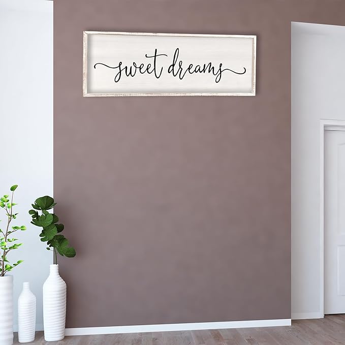 Surfapans Sweet Dreams Wall Decor Above Bed 40"x15" ofr Master Bedroom Guest Room Wood Rustic Framed Wall Art Sign (White)