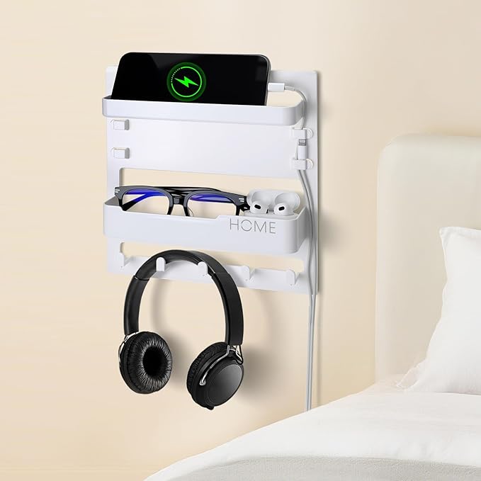 Bedside Wall Organizer Shelf for Bedroom Accessories - Adhesive Bedside Caddy Storage with Cable Clips, Teen Room Decor Essentials