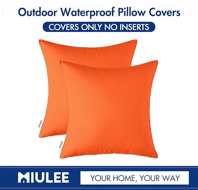 MIULEE Pack of 2 Decorative Outdoor Waterproof Pillow Covers Garden Cushion Sham Throw Pillowcase Shell for Fall Patio Tent Couch 18x18 Inch Orange