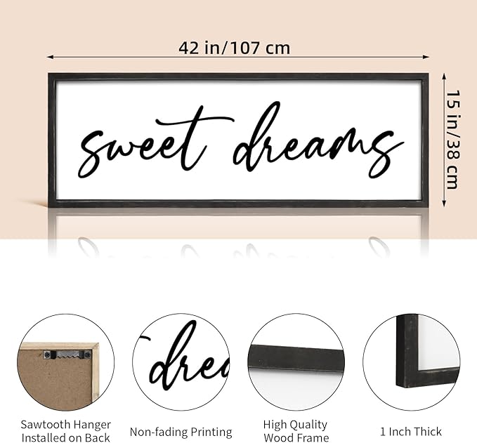 Sweet Dreams Wall Decor Above Bed 42''×15'' Large Bedroom Sign Farmhouse Bedroom Wall Sign Wood Framed Guest Room Decor Master Bedroom Wall Decoration (Black)
