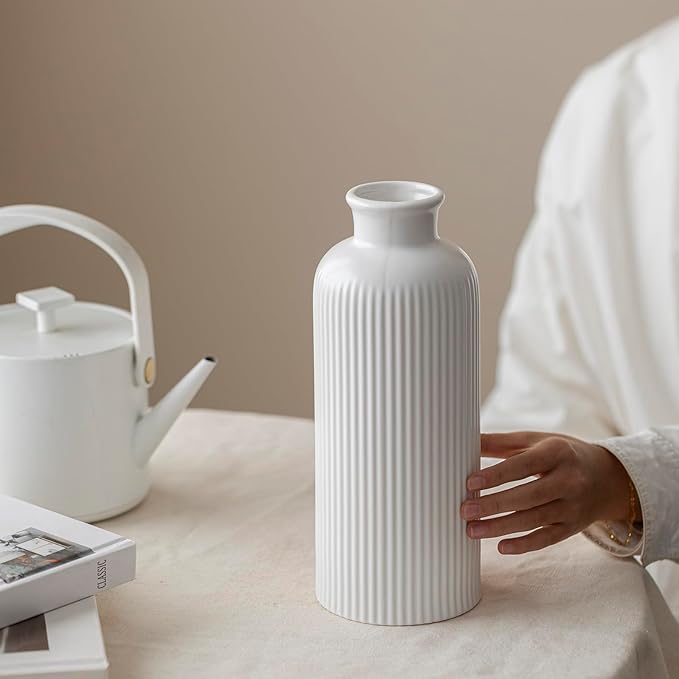 White Ribbed Ceramic Vase for Flowers, Modern Textured Decorative Vase, 10 Inch Tall, Farmhouse Style Home Decor (Matte Glaze White)