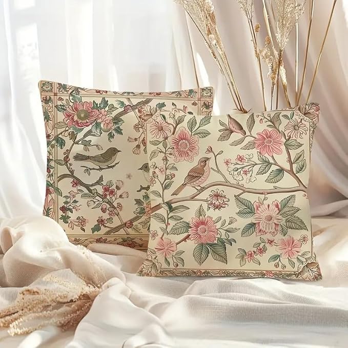 Vintage Floral Bird Print Decorative Throw Pillow Covers, Beige with Pink Flowers and Green Leaves, Traditional Garden Design, 2-Pack， 18x18 Pillows Linen Pillowcase