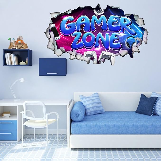 Large 3D Gamer Zone Wall Decals (20.7”x34.6”), Video Gaming Vinyl Wall Stickers for Game Lover, Removable Video Game Artwork for Boys Playroom Bedroom Decor