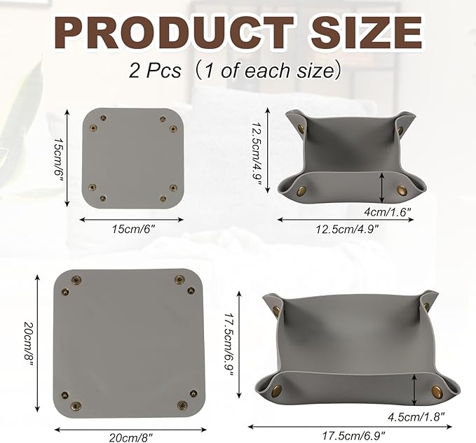 uxcell 2 Pcs Valet Tray for Women and Men, PU Leather Jewelry Tray Entryway Table Bedside Nightstand Catchall Storage Organizer for Jewelry Key Coin Watch Wallet(Square, Light Gray)