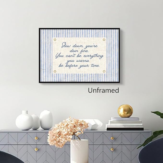 Slow Down You're Doing Fine Canvas Wall Art, Navy Blue Stripes Positive Quote Poster, Daily Affirmations Wall Decor for Bedroom Dorm, Modern Office Inspiring Typography Print 8x12in Unframed