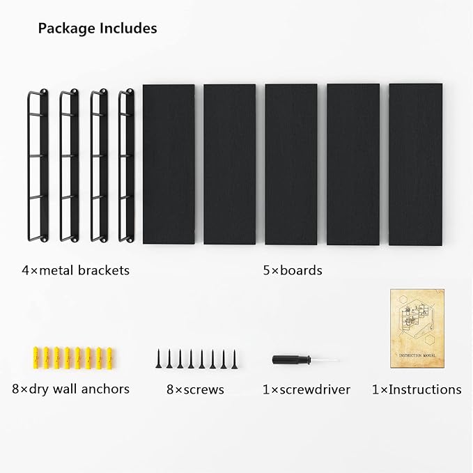 Wall Shelves, Wall Mounted Bookshelves, DIY Floating Shelves for Wall, Wood Hanging Book Shelves for Room, Bedroom, Living Room, Easy Installation (Black, 50W x 17H)