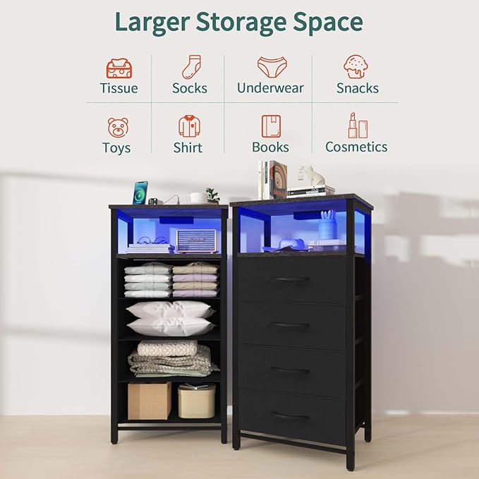Yoobure Night Stand - LED Nightstand with Charging Station, Bedside Table with 4 Fabric Storage Drawers and Storage Shelf, End Table with USB Ports and Outlets, Tall Dresser for Bedroom
