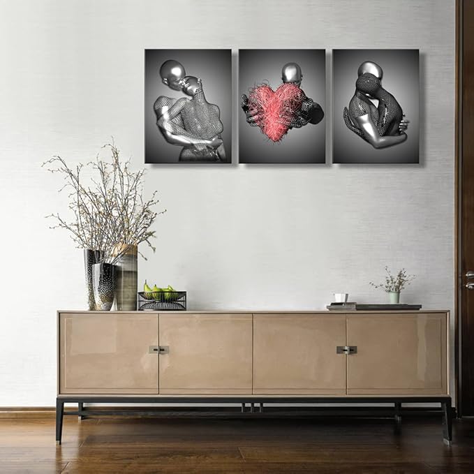 Framed 3 Pcs Love Heart 3d Wall Art Metal Sculpture Romantic Couple Abstract Art Prints Posters Decor Grey Black and White Canvas Printsfor Bedroom Living Room Bathroom Hotel Valentine'S Day ready to
