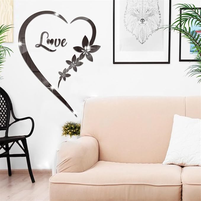 Heart Shape Mirror Wall Sticker, Self-Adhesive Love Heart Acrylic Mirror Wall Stickers Art Mural, DIY Walls Art Home Decor Heart Mirror Wall Decals for Living Room Bedroom Bathroom Office (Black)