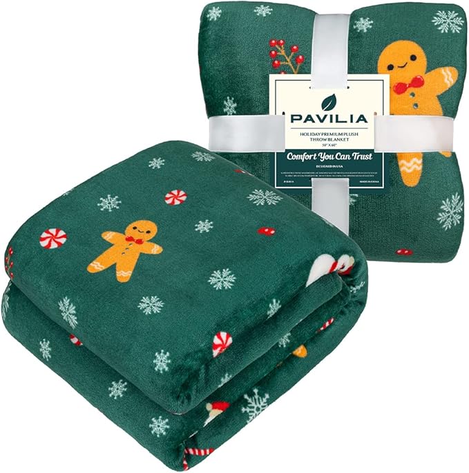 PAVILIA Christmas Gingerbread Throw Blanket | Green Holiday Christmas Fleece Blanket | Soft, Plush, Warm Winter Cabin Throw, 50x60 (Green Gingerbread)