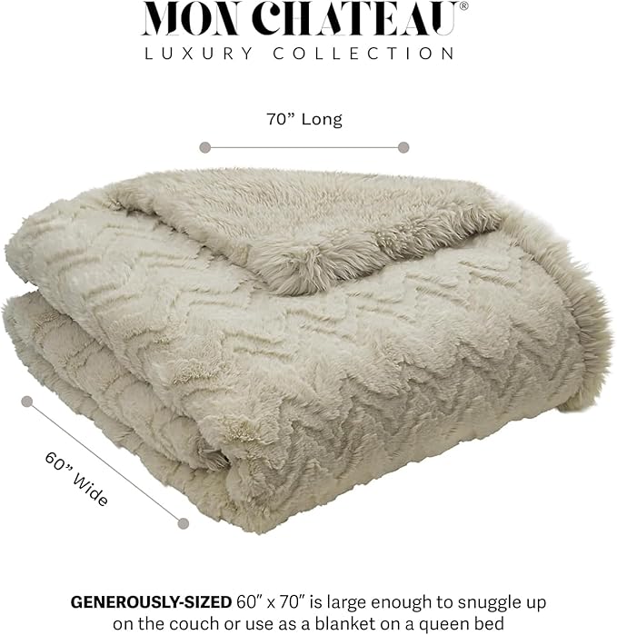 Mon Chateau 60" x 70" Crest Faux Fur Throw, Plush Luxury Blanket for Couch, Sofa, or Bed, Soft Reversible Throw Blanket for Sleeping, Home & Room Decor, Sandstone Jacquard