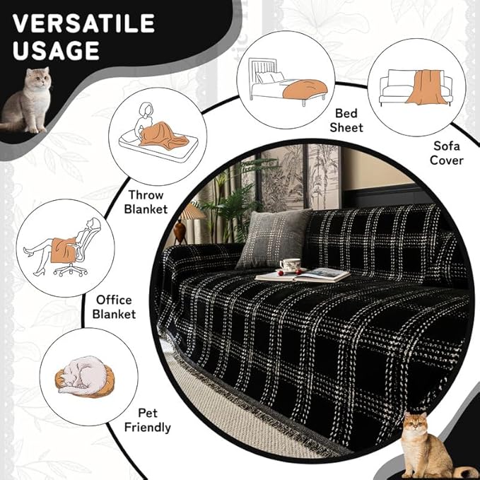 HANDONTIME Checkered Sofa Cover Washable, White Plaid Couch Slipcover Geometric Pet Couch Cover for Dogs Chenille Durable Couch Covers for 3 Cushion Couch Sofa Pet Friendly (Black, 71"x150")