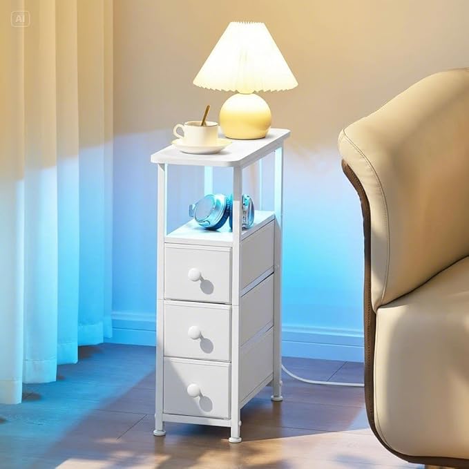 Narrow End Table with Charging Station, Narrow Side Table with Drawer, Small Nightstand with LED Light, Skinny Nightstand, Small Bedside Table for Living Room, Bedroom, Couch, White