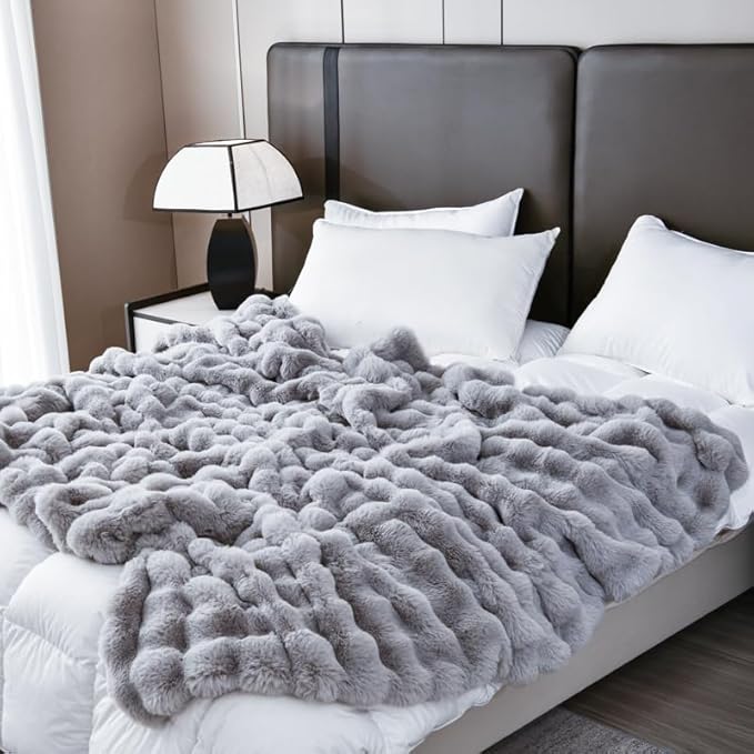 H&D Faux Fur Throw Blanket for Couch,Fluffy Cozy Soft Plush Luxury Thick Fuzzy Fleece Blanket for Couch Bed Sofa Bedroom Living Room,Comfy Bubble Blanket(Gray, Twin (60"x80"))