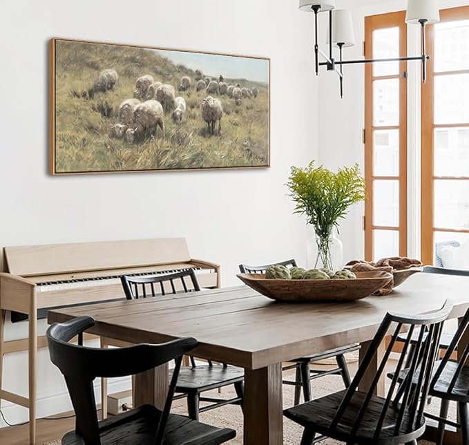 DJSYLIFE Farmhouse Framed Wall Art, Sheep on the Dunes Wall Picture, Vintage Sheep Oil Painting Canvas Print, Large Artwork for Living Room Bedroom Decor, Home Decorations 20x40 Inch