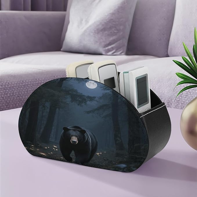 Black Bear Night Trees Remote Control Holder Organizer Box with 5 Compartment PU Leather Bedside Storage Caddy Remote Organizer for Controller Media Player Pen/Pencil Storage