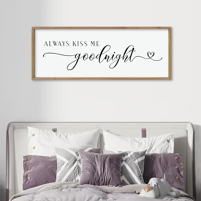 comurdyo Romantic Couple Always Kiss Me Goodnight Sign 40"×15" for Large Modern Rustic Love Theme Master Bedroom Above bed Wood Frame Horizontal Hanging Wall Art Decor (Wood)