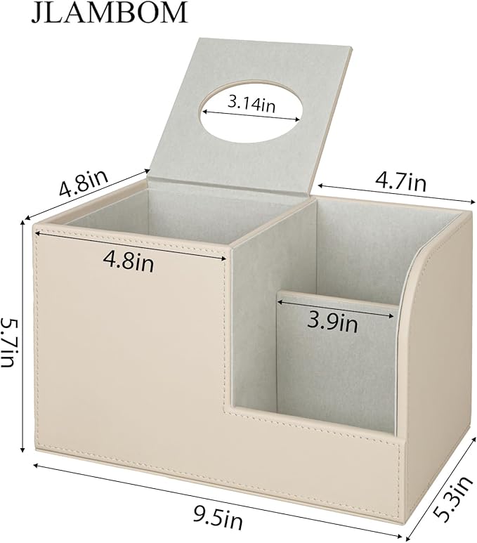 PU Leather Tissue Box Cover with Remote Control Holder, Square Tissue Box Holder for Living Room Bathroom Office (Dark Beige)
