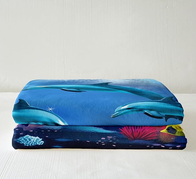 Underwater Oasis Blanket Throw, Dolphin Under The Sea Coral Fish Anemone Deep Ocean Fantasy Bubble Fleece Blanket, Decorative Sofa Sherpa Blanket Ultra Soft, Throw 50"x60", Blue Purple