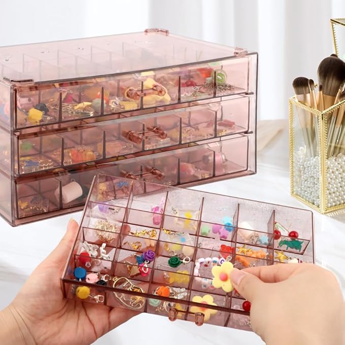 Jewelry Organizer, Earring Holder Organizer Box with 3 Layers, 72 Grids Earring Case, Jewelry Box for Girls, Craft Storage Containers for Nail Charms, Ring, Earrings(Tan)