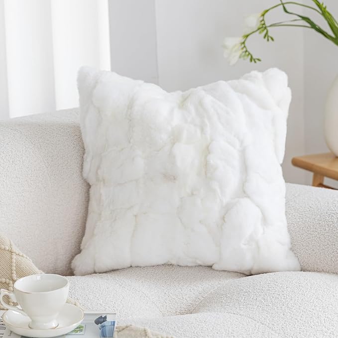MOOX Rabbit Fur Throw Pillow Covers Decorative Fluffy Soft Fuzzy Plush Luxury Genuine Animal Skin Lumbar Pillow 18"x18" Cushion Cover, Couch White