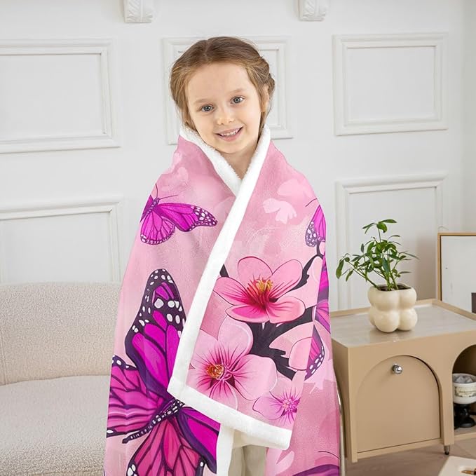 Purple Butterfly Sherpa Blanket - Pink Floral Spring Cherry Blossom Fleece Throw for Kids, Girls, Women - Fairy Fantasy Garden Theme Fuzzy Blanket for Bedroom, Sofa Decor - Baby 30"x40"