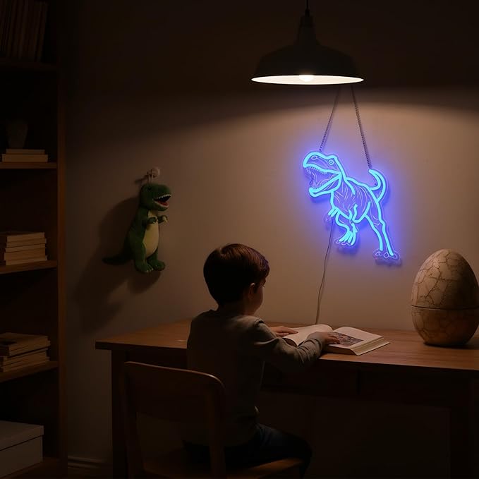 Dinosaur Neon Sign for Wall Decor, USB Dimmable Blue LED Night Light for Boys Bedroom, Jurassic Party Decorations, Birthday, Halloween and Christmas Gift, 15.5 x 13 inch