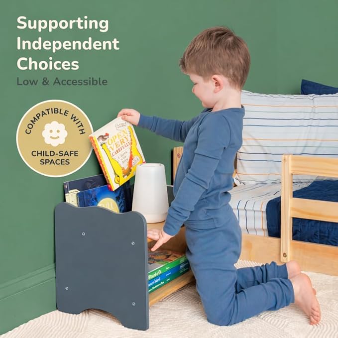 Ocodile Kids Nightstand for Floor Beds, Solid Wood Small Bedside Table with Book Pocket, Low Tiny Nightstand for Nursery, Toddler & Kids Room, Montessori Style Side Table - Gray