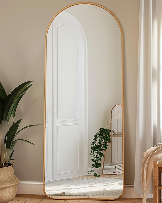 Antok Full Length Mirror, 58"x18" Floor Mirror with Stand, Hanging Mounted Mirrors for Bedroom, Living Room, Cloakroom, Dining Room, Gold, Arch