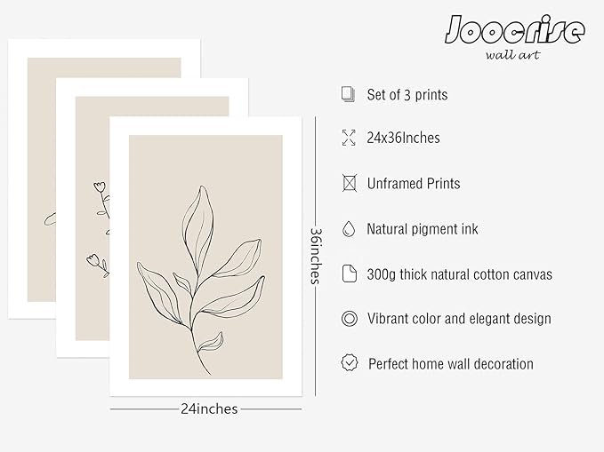 Botanical Wall Art Decor Set of 3 Neutral Wall Decor Boho Beige Canvas Wall Art Botanical Minimalist Pictures Botanical Neutral Prints Beige Posters Boho Artwork for Room Bedroom 24x36 Inch Unframed