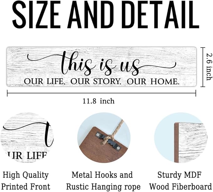 AGMDESIGN This is Us Our Life Our Story Our Home Wood Sign, Heartwarming Family Wall Decor for Shelf Desk Door, Wooden Hanging Sign for Country Farmhouse Bedroom Kitchen Entryway Hallway