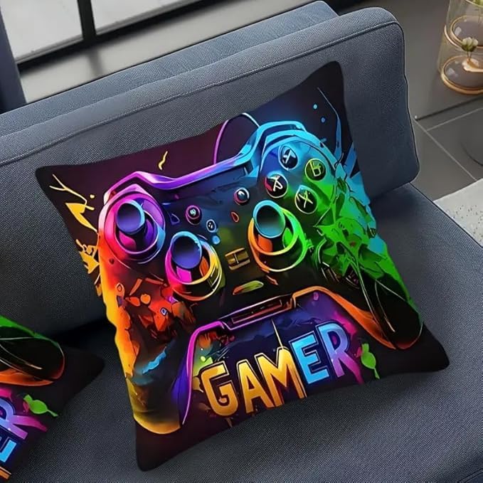 4Pcs Set Gaming Pillow Covers - Washable, Living Room, Playroom 18x18 Pillows Linen Pillowcase Modern Decorative Square Pillowcases for Sofa Couch Bedroom Living Room Car