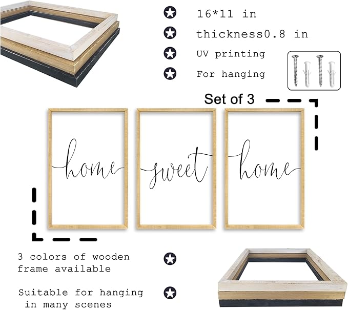 RLWangChao Home Sweet Home Sign Set of 3 Wall Art Decor 16"X11" Vintage Bedroom Above Bed Minimalist Modren Living Room Wooden Framed Warm And Cozy Family Wall Hanging Decoration (Wood)