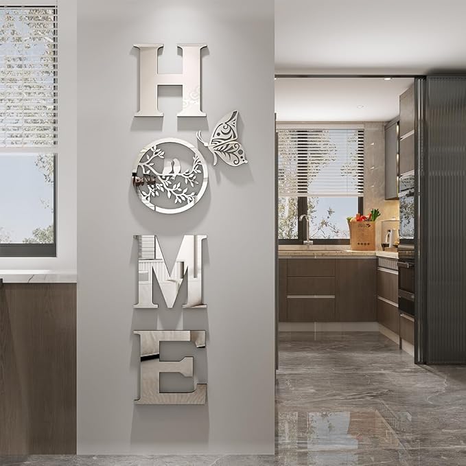 CrazyDeal Home Signs Wall Decor Letter Signs Length Mirror Wall Stickers Decorations for Living Room Bedroom Farmhouse The Home Modern Decorations Bird Wall Art Large（Silver Acrylic,49.2 X 15.7 Inch）