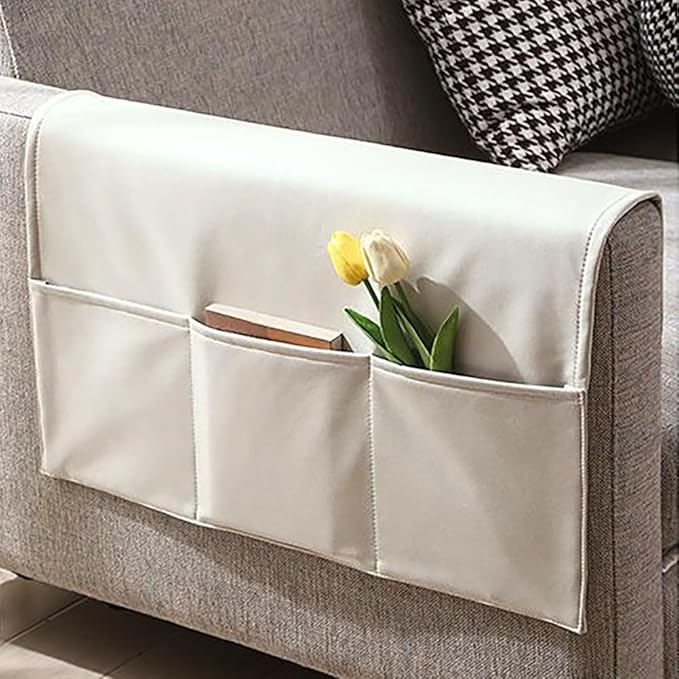 Sofa Armrest Organizer with 3 Pockets Faux Leather Armchair Magazine Holder Couch Remote Caddy Control Holder Waterproof Sofa Bedside Storage Pockets Bag Furniture Protector for Cellphone Book Pouch