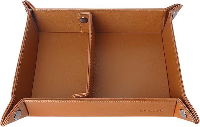 LUCKYCOIN Valet Tray Desktop Storage Organizer,Vegan Leather Jewelry Tray,Removable 2 Compartments Catchall Bedside Vanity Nightstand Caddy Holder Desk Storage Plate 12.6 in - Brown