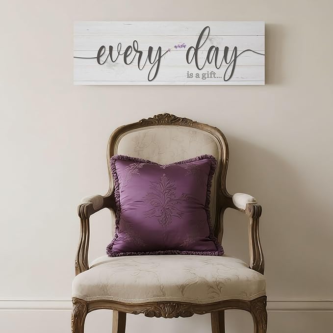 Every Day is a Gift Signs Wall Decor Inspirational Quotes Wall Plaques Family Home Framed Wall Art Vintage Farmhouse Canvas Prints Artwork for Bedroom Living Room Entryway Home Decoration 12x36 inch