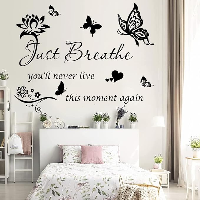 Inspiring Positive Quotes Wall Sticker - Just Breathe Decals, Inspirational Art for Women Girls Bedroom Living Room - Encouragement Gifts Home Decoration