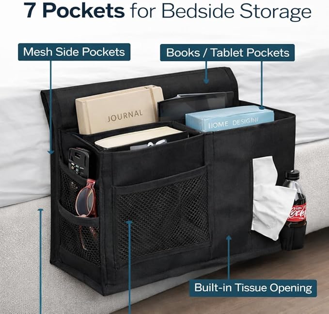 Dependable Industries inc. Essentials 7 Pocket Bedside Caddy Organizer for Bed Couch or Sofa Hanging Storage for Phone Remote Glasses Tissues Magazines Black