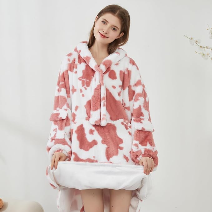 Softan Blanket Hoodie, Oversized Fleece Wearable Blankets for Women and Men Gifts, Cozy Warm and Soft Sweatshirt Blanket with Large Pocket, Pink Cow Print
