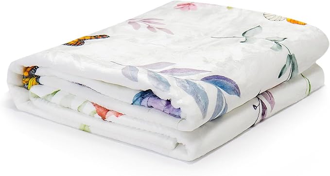 Floral Flower Throw Blanket Botanical Plant Throw Blankets Colorful Flannel Fleece Throw Blankets Watercolor Butterfly Cozy Fuzzy Plush Blanket for Bed Chair Couch 60" X 80"