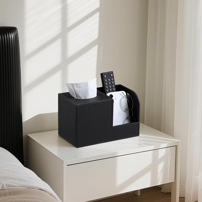 Square Tissue Box Cover with 2 Compartments Storage Organizer, PU Leather Tissue Box Holder with Remote Control Holder for Livingroom Nightstand, Multifunctional Cube Tissue Holder (Black)