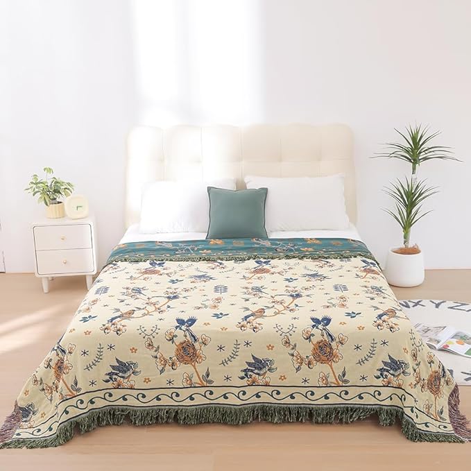 Boho 100% Cotton Large Throw Blanket King - All Season Rustic Ultra Soft Breathable Floral Bird Blanket for Bed Sofa Couch Chair Bedspread Quilt Gift, 91" x 108"-Teal/Beige