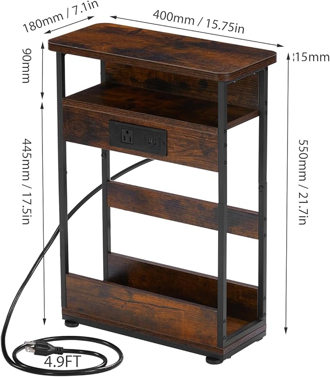 Narrow Side Table With Charging Station, 3-Tier End Table with 2 USB Ports & Power Outlets,Thin Sofa Side Table for Narrow and Small Spaces, Bedside Table Nightstand for Living Room,Rustic Brown