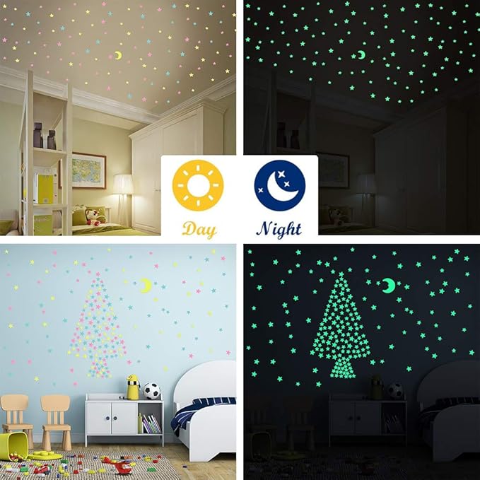 AM AMAONM Glow in The Dark Luminous Stars Fluorescent Noctilucent Plastic Wall Stickers Murals Decals for Home Art Decor Ceiling Wall Decorate Kids Babys Bedroom Room 100PCS Yellow Moon and Stars